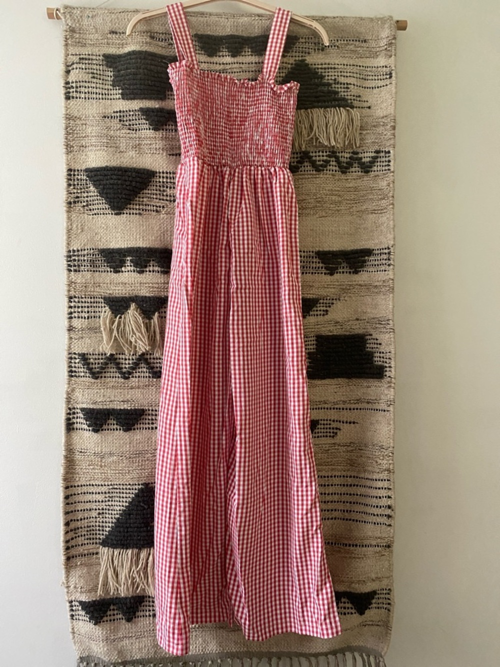 SHEIN Red and White Gingham Smocked Jumpsuit